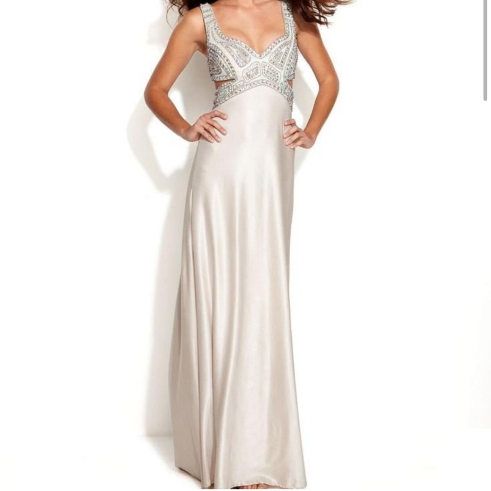 Betsy & Adam Beaded Prom Dress Evening Gown Cutout Sides‎ Jewels Cream Beads 4